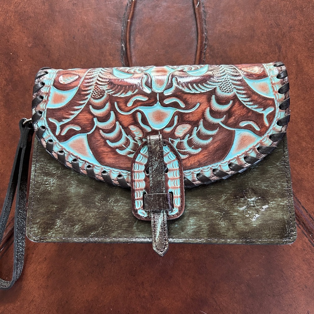 Patricia Nash Wristlet Bag TOOLED TURQUOISE Leather